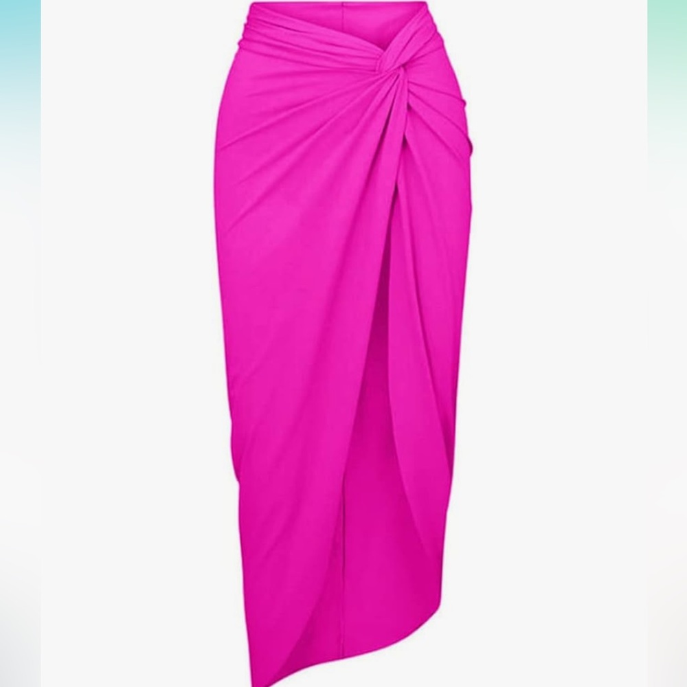NWOT One Piece Hot Pink Swimsuit w/Beach Cover Up Wrap Skirt Sarong, Size Large - Picture 3 of 11